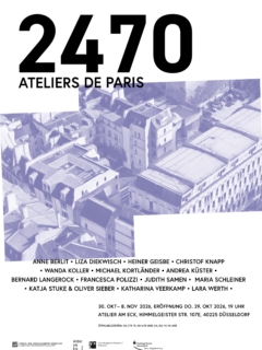 Natürlich war ein Fehler im letzte Post. Hier also die Einladung noch einmal. Der 29. ist ja der Donnerstag und nicht der Freitag…

2470, Ateliers de Paris

30.    Okt –  8.  Nov   2026, 
Eröffnung Do. 29. Okt 2026, 19 Uhr

Atelier am Eck
Himmelgeister Str. 107e, 40225 Düsseldorf
Öffnungszeiten: Do / Fr 15 -20 Uhr und Sa /So 14 -18 Uhr

Der von einer Stiftung getragene Atelier- und Wohnkomplex Cité internationale des Arts in Paris beherbergt in einem großen Gebäude an der Seine und den angrenzenden Häusern 270 Künstlerwerkstätten. In den 90er Jahren des letzten Jahrhunderts erwarb der VdDK*1844 das Belegungsrecht von zwei Ateliers, ein weiteres wird von ihm verwaltet. Jedes Jahr können 17 Künstler*innen des Vereins für jeweils zwei Monate in diesen Ateliers leben und arbeiten. Zusätzlich wird noch das Van-Rinsum-Stipendium für einen zweimonatigen Aufenthalt an eine*n Absolvent*in der Kunstakademie vergeben.
Seit 2025 hat der Verein die Möglichkeit in einer Ausstellung im im Atelier am Eck Arbeiten auszustellen, die in Paris entstandene sind. In diesem Jahr sind es Arbeiten von Anne Berlit, Liza Diekwisch, Heiner Geisbe, Christof Knapp, Wanda Koller, Michael Kortländer, Andrea Küster, Bernard Langerock, Francesca Polizzi, Judith Samen, Maria Schleiner, Katja Stuke & Oliver Sieber, Katharina Veerkamp und Lara Werth.

Das Jahresprogramm des VdDK*1844 wird unterstützt durch die Kunst- und Kulturstiftung der Stadtsparkasse Düsseldorf