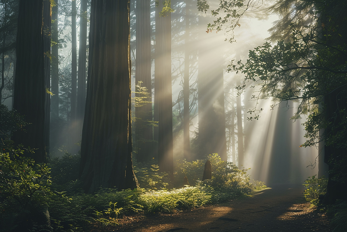 Ethereal foggy morning in redwood forest with sunlight filtering through towering trees creating magical atmosphere - nature background