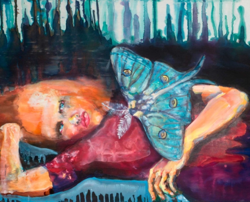 Annette Wirtz - Besuch - Mischtechnik auf Tussahseide - 65x90cm - 2024