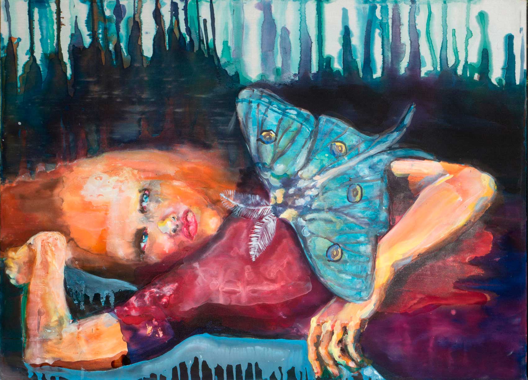 Annette Wirtz - Besuch - Mischtechnik auf Tussahseide - 65x90cm - 2024